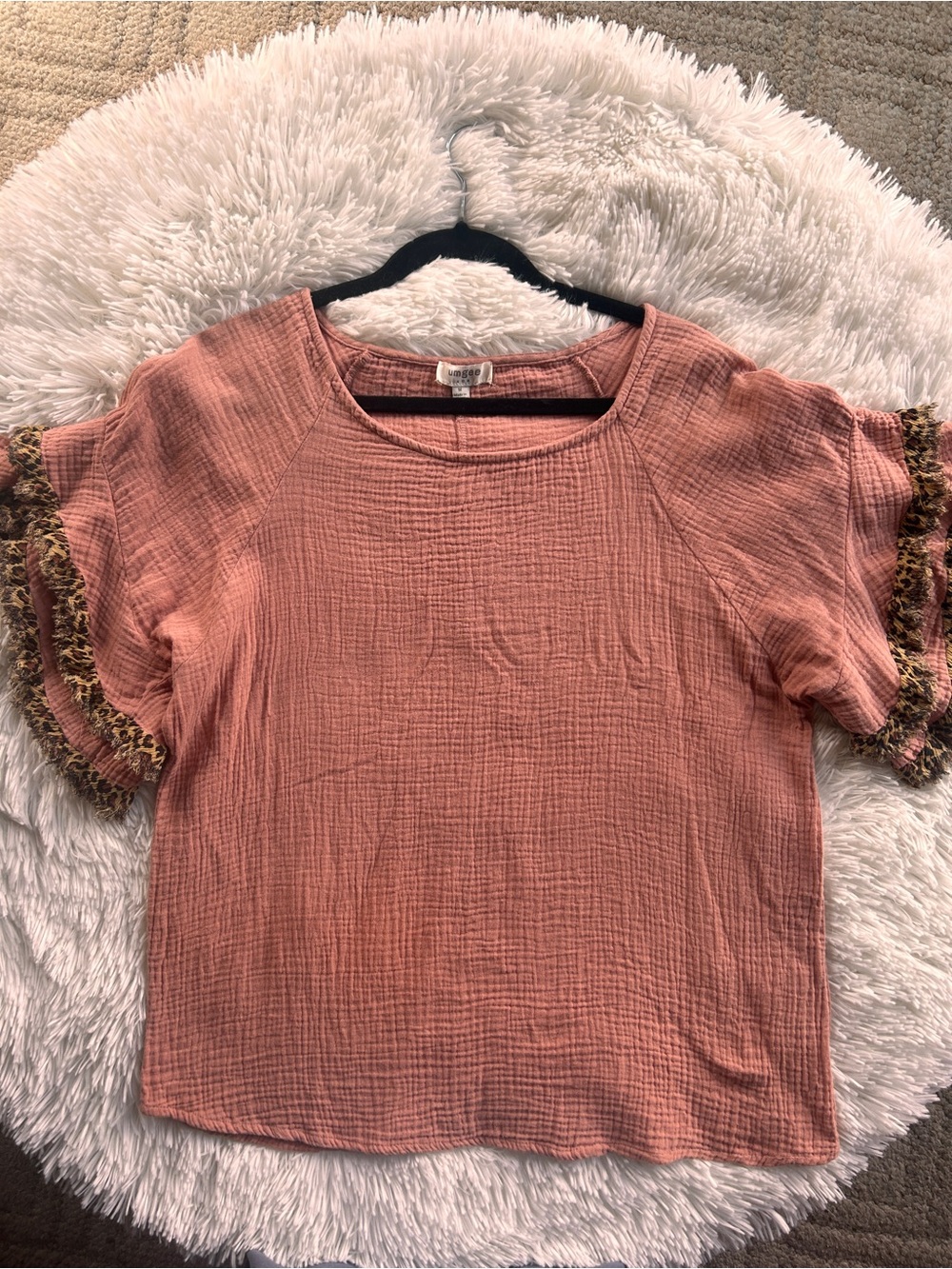 Umgee Gauze Top with Leopard Trim - Size Large